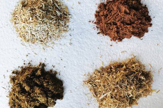 Figure 1. Examples of the most commonly used bedding type, starting clockwise from the top left: sawdust, sand, straw, recycled manure solids